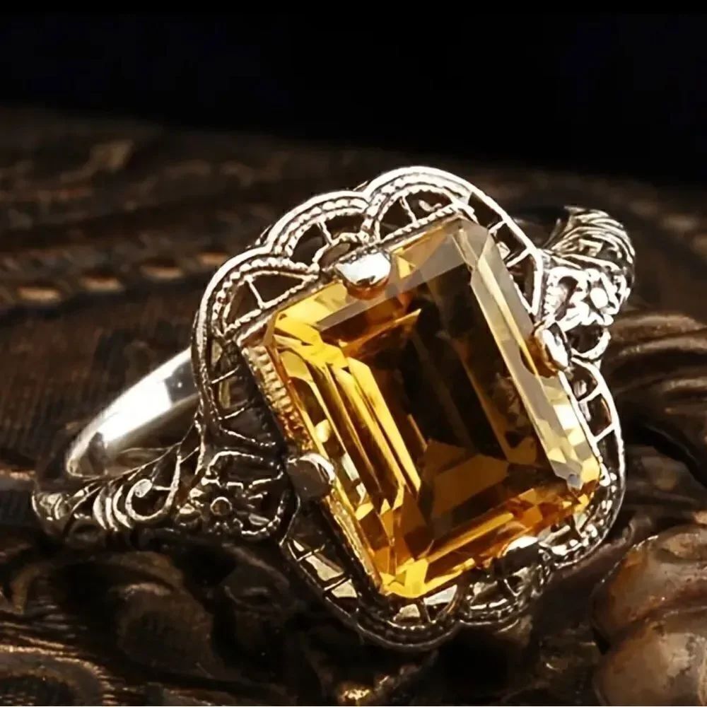 Gem Yellow Zircon Fashion Princess Cut Faux Silver Rings Wedding